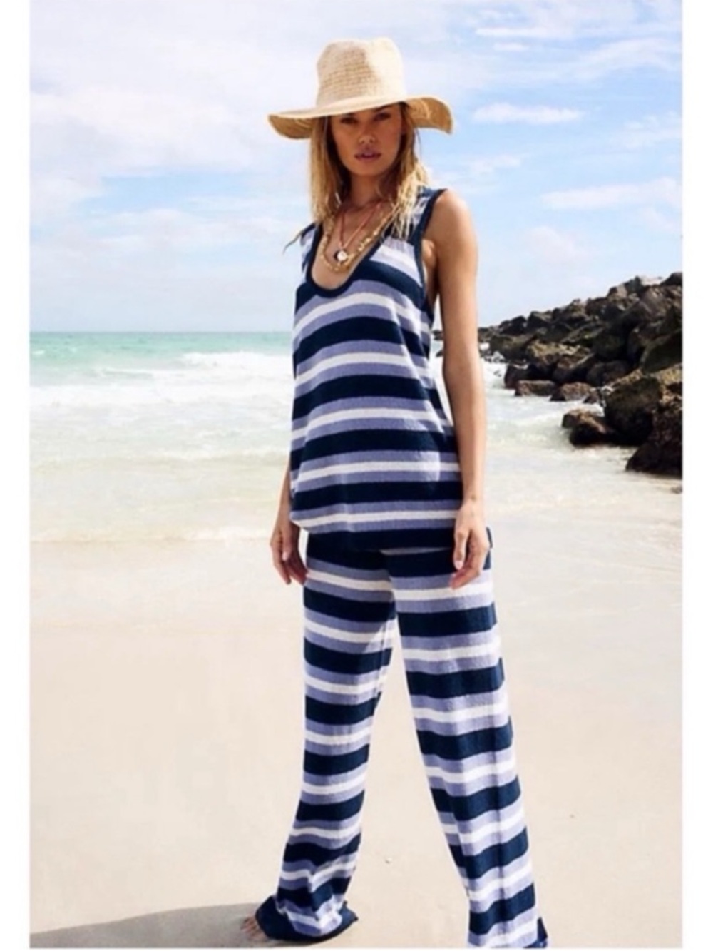 Free People Vista Two-Piece Sweater Pants Set Navy Blue White Small